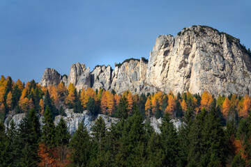 AERIAL: View of the spectacular Italian Dolomites on a sunny autumn afternoon.