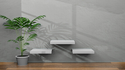 interior Pallet podium for displaying products Attached to the wall, concrete cement, wooden floor decorated with plant pots. 3D rendering