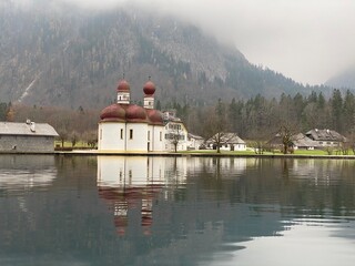 Lake, mountain, church