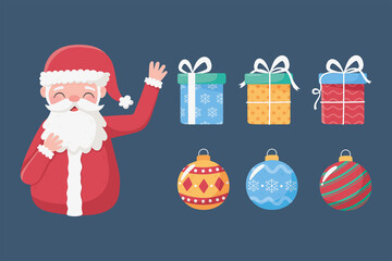 merry christmas, set icons santa balls and gift boxes