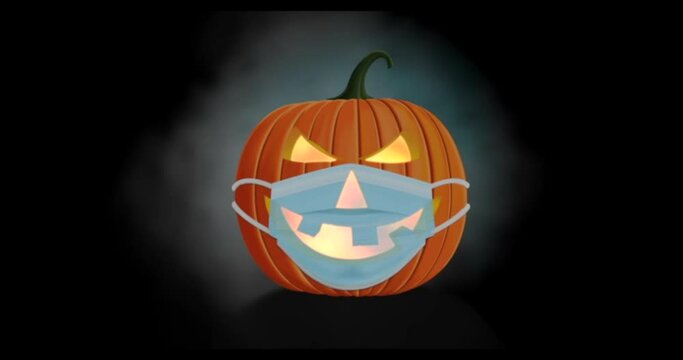 Loopable animation of spooky Halloween Jack-o'-Lantern wearing a coronavirus surgical face mask 
