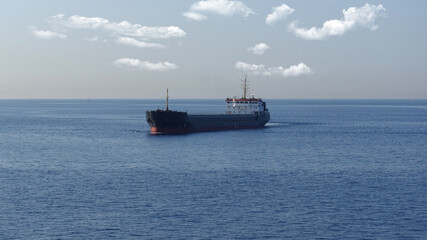 Detail photo of tanker ship anchored near port of Piraeus and island of Salamina, Saronic gulf, Attica, Greece