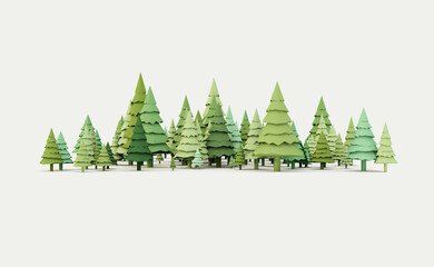 3D Christmas tree. Low polygonal winter. Climate change and weather. 3D rendering of a forest with a Christmas tree