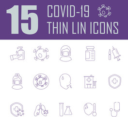 Covid 19 icon set. 15 thin line icons related to coronavirus , health, vaccine.