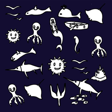 marine theme vector illustration, octopus, mermaid, boat, ship, shark, swordfish, sand castle, seagulls, ball fish, trident, pebbles, stingray, whale, seahorse, turtle, anchor, lighthouse, treasure ch