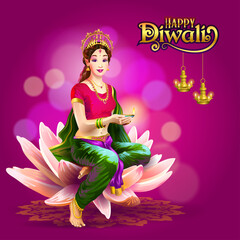 Girl dressed like Lakshmi Holding Diwali Lamp