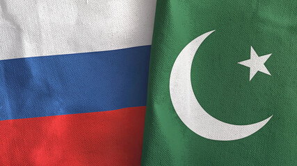 Pakistan and Russia two flags textile cloth 3D rendering