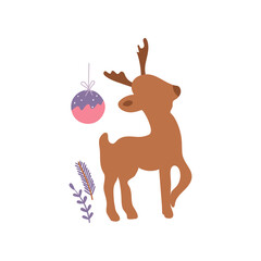 Christmas minimalistic card with reindeer and ball. Vector illustration with winter motif isolated on white background