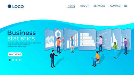 Business statistics.People study statistics.Businessmen study the infographic on the big screens.The concept of teamwork and data accounting.Business and project financing.Isometric vector illustratio