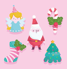 merry christmas, cute santa angel tree sock and candy cane cartoon