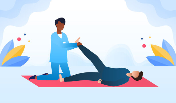 Disabled man at orthopedic rehabilitation therapy at clinic. Masseur massaging the patients leg lying on the carpet. Concept of disabled rehabilitation, physiotherapy. Flat catoon vector illustration