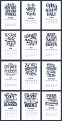 Modern typography lettering compositions for 2021 year calendar with funny motivation quotes. Hand drawn illustrations. Trendy season slogans, vector graphic