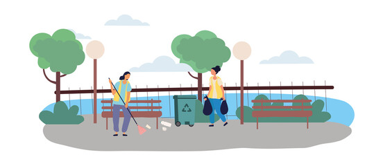 Cleaners Cleaning Rest Area in Green City Park from Garbage. Young Women Putting Trash into Bin for Recycling. Nature and Environment Protection. Vector Flat Cartoon Illustration