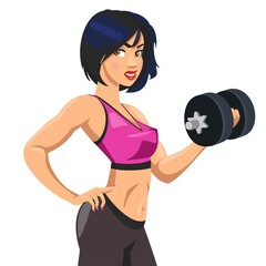 Beautiful sexy young girl shakes her dumbbell