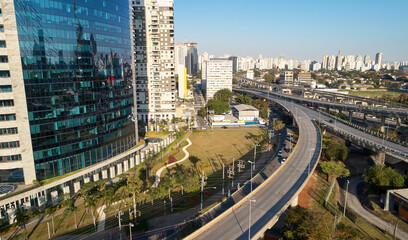 Aerial view of Jornalista Roberto Marinho avenue, near Ponte Estaiada (Estaiada bridge), in Sao Paulo city, Brazil.