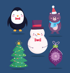merry christmas, cute snowman bear penguin ball and tree cartoon icons