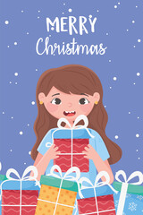 merry christmas happy girl with many gift boxes card