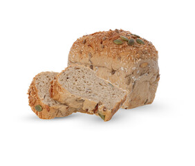 Whole grain bread on white background.