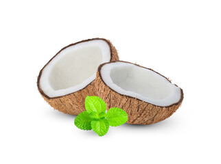 coconut and mint leaves  isolated on white.