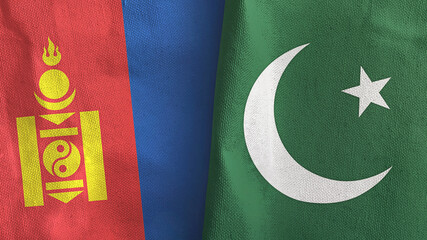 Pakistan and Mongolia two flags textile cloth 3D rendering