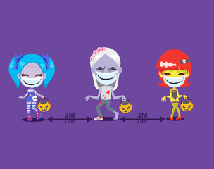People with Halloween monster costumes wearing surgical masks doing trick or treat holding pumpkin bags social distancing concept