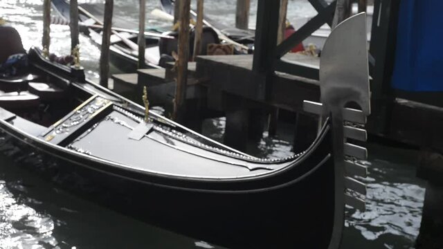 Gondolas parked near Rialto bridge in Venice. Venice without tourists