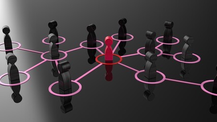 Chain of human figurines connected by pink lines. Cooperation and interaction between people and employees. Dissemination of information in society, rumors. Social contacts. 3D illustration CG.