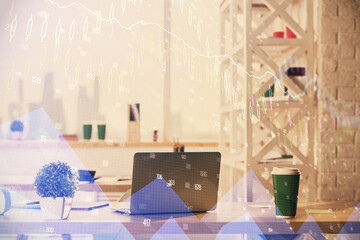 Double exposure of stock market graph drawing and office interior background. Concept of financial analysis.