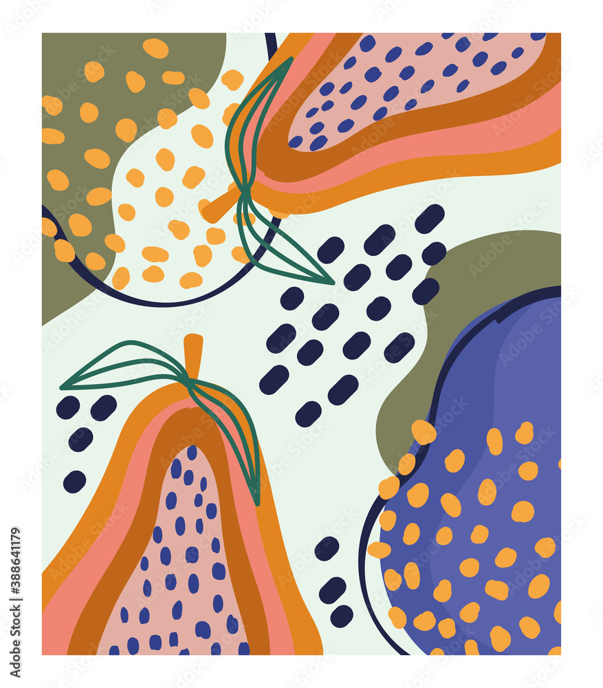 Sticker doodle contemporary fruits leaves color spots and abstract design