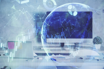 Multi exposure of financial graph drawing and office interior background. Concept of market analysis.