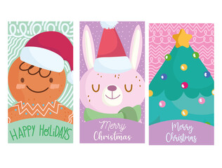 merry christmas, cute gingerbread man, rabbit and tree greeting card cartoon
