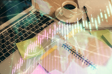 Multi exposure of forex graph drawing and desktop with coffee and items on table background. Concept of financial market trading
