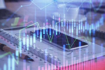 Double exposure of forex chart drawing and cell phone background. Concept of financial data analysis
