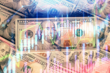 Multi exposure of forex chart drawing over us dollars bill background. Concept of financial success markets.