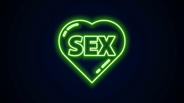 Glowing neon line Heart with text Sex icon isolated on black background. Adults content only icon. 4K Video motion graphic animation.