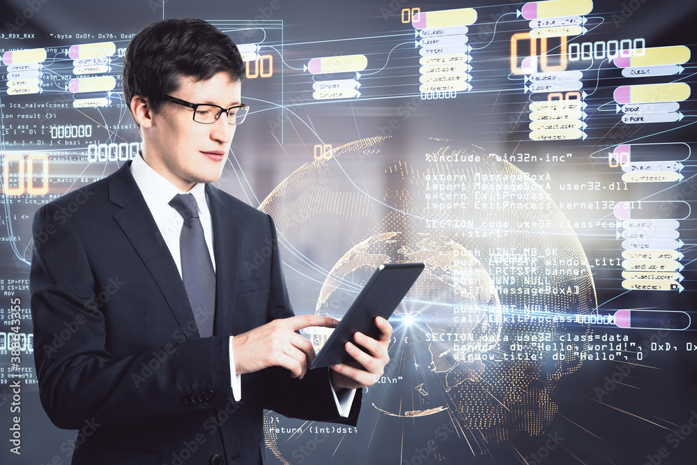 Aufkleber Man with digital tablet in hand on the background of abstract programming language, online coding concept