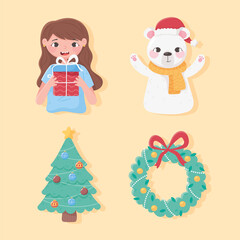 merry christmas, set of icons with girl gift bear tree and wreath