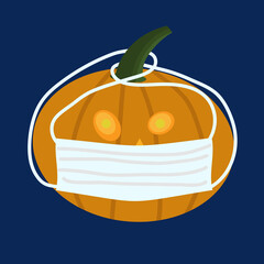 Halloween pumpkin in medical mask with light inside isolated on white background as a concept of safe celebration, pandemic, virus, flu. Flat vector stock illustration with single pumpkin in face mask