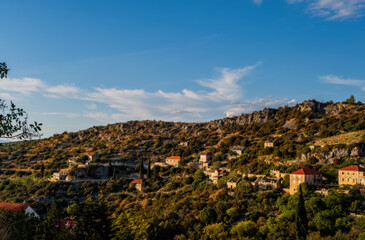 Village Lozisca at sunset hour. Island Brac, Croatia. August 2020. Long exposure picture.