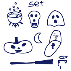 halloween set tombstone, skull, broom, cauldron, monster face, pumpkin. Vector illustration in hand drawn style with gel pen