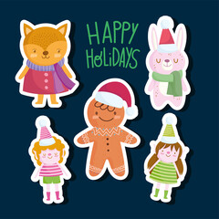 merry christmas, cute female fox helper and bunny stickers cartoon icons
