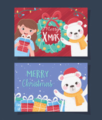 merry christmas greeting cards with girl bear gits and wreath decoration