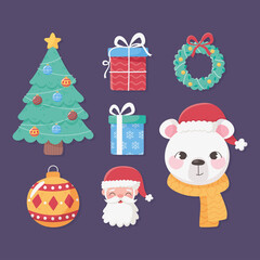 merry christmas collection icons bear tree gift wreath and santa face