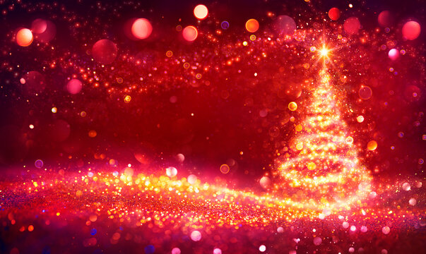 Abstract Golden Christmas Tree In Shiny Defocused Background - Contain Illustration