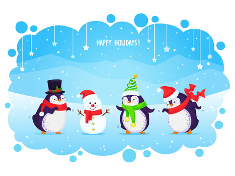 Cute dancing penguins and snowman in funny hats and scarves. Merry Christmas greeting card. New year vector illustration with text Happy holidays.