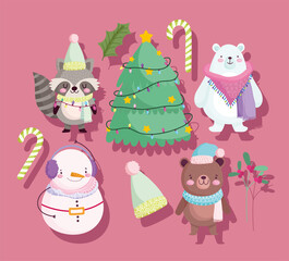 merry christmas, cute animals bear snowman raccoon tree candy cane and hat icons cartoon