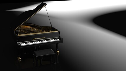 Black-Gold Grand Piano. 3D illustration. 3D illustration. 3D high quality rendering. 3D CG. © DRN Studio