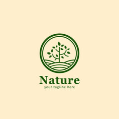 Nature tree logo symbol badge icon in circle frame monoline vector illustration style