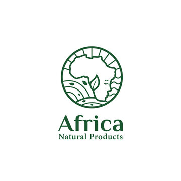 Africa natural products logo icon badge symbol with green leaf, ocean wave, and african map with face silhouette illustration vector in monoline