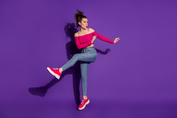 Full length body size view of lovely coquettish cheery girl having fun jumping pout lips isolated on bright violet color background